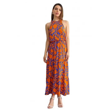 Rochie maxi -  Imprimeu floral - Decolteu halter - Portocaliu/Albastru -
