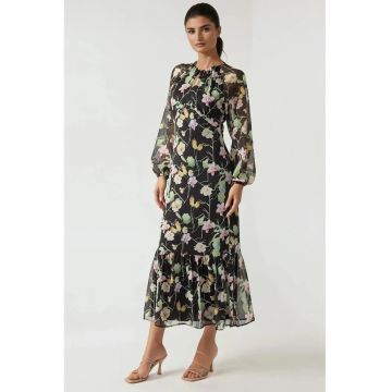 Rochie maxi -  imprimeu floral - multicolor - tul -
