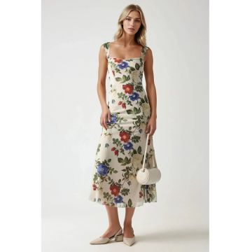 Rochie maxi -  imprimeu - guler inima - bej - tul