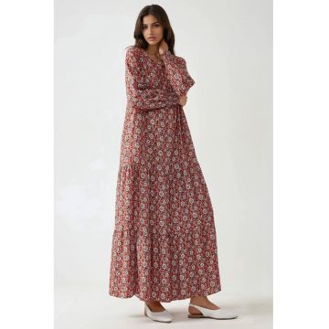 Rochie maxi  imprimeu - guler rotund - rosu - viscoza Rochie maxi  imprimeu - guler rotund - rosu - viscoza