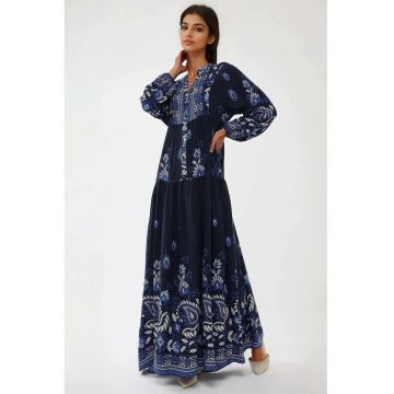 Rochie maxi -  imprimeu - maneca lunga - albastra - viscoza Rochie maxi -  imprimeu - maneca lunga - albastra - viscoza