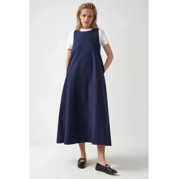 Rochie maxi -  in forma de A - fara maneci - guler rotund - albastra - textil