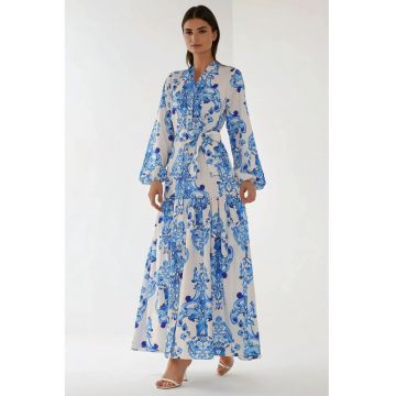 Rochie maxi  maneca lunga - imprimeu - albastru - bumbac - poliester - lycra