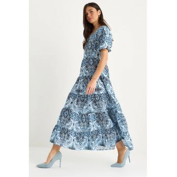Rochie maxi -  model texturat - guler rotund - albastru - poliester