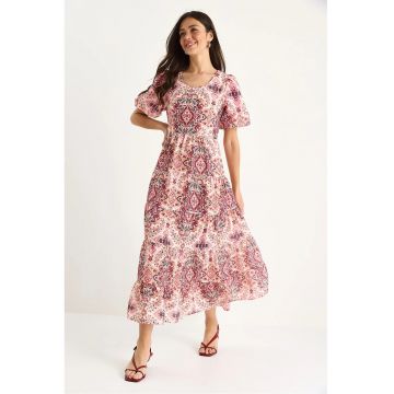Rochie maxi -  model texturat - guler rotund - roz - poliester