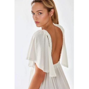 Rochie maxi -  texturata - decolteu in V - forma de A - alb - textil