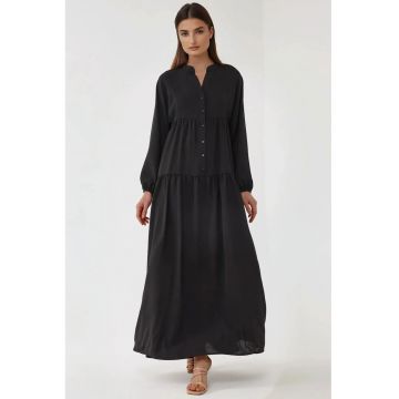 Rochie maxi -  texturata - decolteu in V - negru - textil Rochie maxi -  texturata - decolteu in V - negru - textil