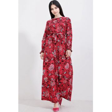 Rochie maxi tricotata dama  floral - poliester/lycra - rosu