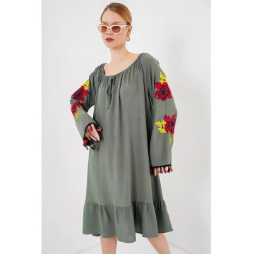 Rochie midi brodata dama  cu volane - poliester/viscoza - multicolor