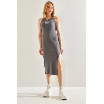 Rochie midi -  brodata - gri - bumbac -