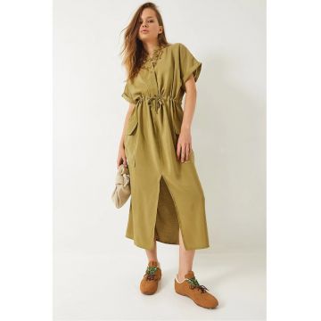 Rochie midi -  croiala lejera - guler camasa - verde - textil
