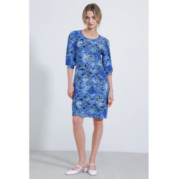 Rochie midi  cu broderie florala - maneci trei sferturi - albastru - poliester