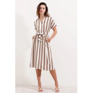 Rochie midi -  cu decolteu in V si funda - bej - viscoza -