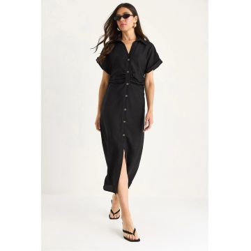 Rochie midi cu nasturi dama -  decolteu in V - poplin - negru