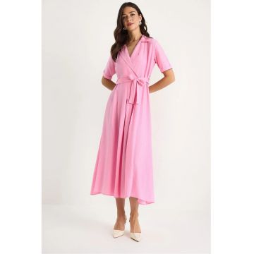 Rochie midi dama  cu cordon - bumbac/elastan - roz