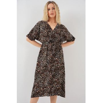 Rochie midi dama -  cu decolteu in V si snur - viscoza - multicolor