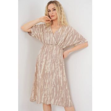 Rochie midi dama -  cu decolteu in V - viscoza - bej