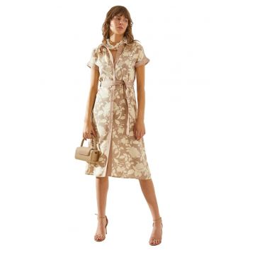 Rochie midi dama -  imprimeu floral - bumbac/poliester - maro/alb