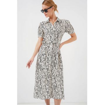 Rochie midi dama  imprimeu floral - viscoza - alb/negru