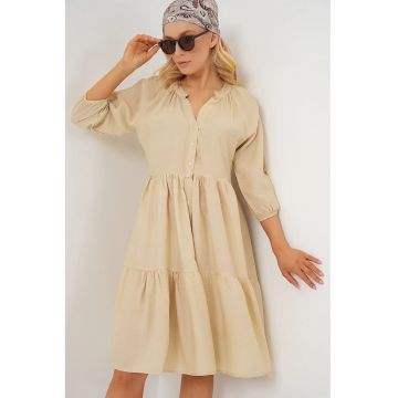 Rochie midi dama  maneci trei sferturi - viscoza/nylon - bej
