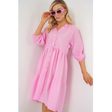 Rochie midi dama  maneci trei sferturi - viscoza/nylon - roz