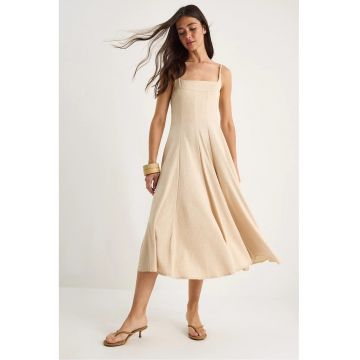 Rochie midi dama -  textil - decolteu patrat - bej