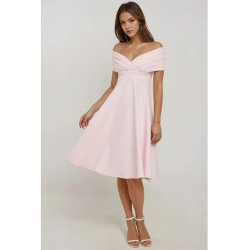 Rochie midi -  decolteu tip barca - roz - textil Rochie midi -  decolteu tip barca - roz - textil