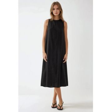 Rochie midi -  fara maneci - guler rotund - neagra - din bumbac amestecat cu in