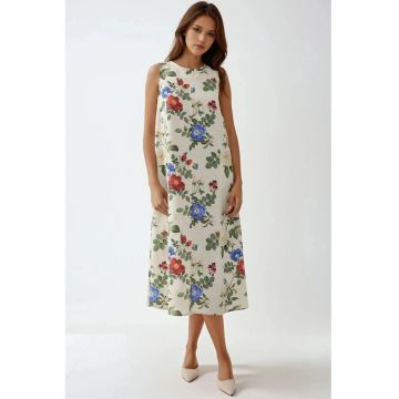 Rochie midi  fara maneci - multicolor - din bumbac si in