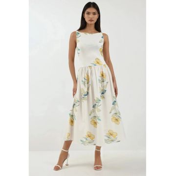 Rochie midi -  imprimeu - decolteu barca - alb - textil