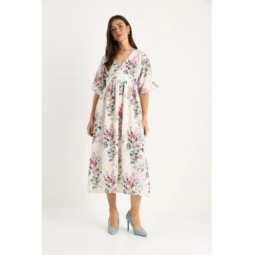 Rochie midi -  imprimeu floral - decolteu in V - multicolor - poliester -