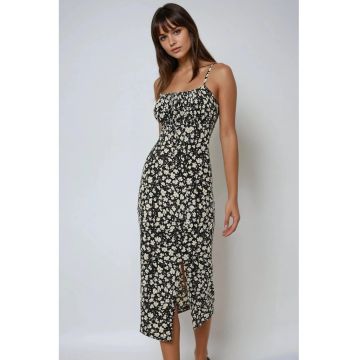 Rochie midi mulata -  imprimeu floral - crapatura - negru - jerseu