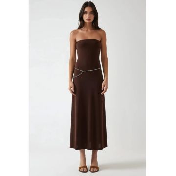 Rochie midi -  simpla fara bretele - culoare maro - elastan/ poliester