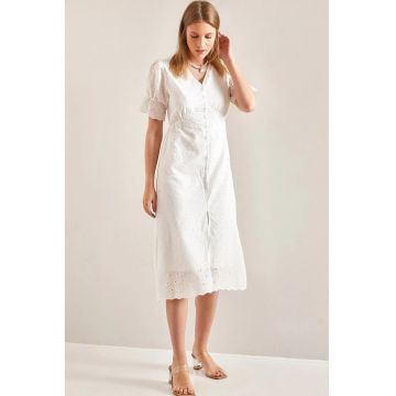 Rochie midi  texturata - decolteu in V - alb - poliester-bumbac