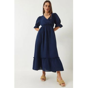 Rochie midi -  texturata - decolteu in V - bleumarin - textil