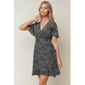 Rochie mini -  decolteu in V - negru - jerseu