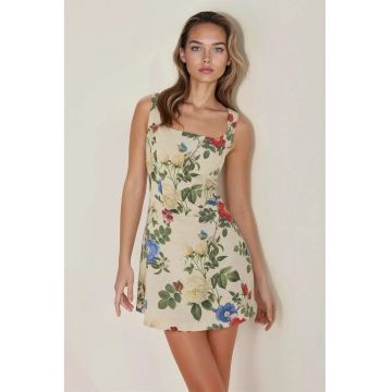 Rochie mini -  floral - decolteu patrat - multicolor - textil
