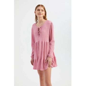 Rochie mini -  guler rotund - maneca lunga - roz - textil Rochie mini -  guler rotund - maneca lunga - roz - textil