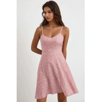 Rochie mini -  imprimeu floral - decolteu in V - roz - bumbac