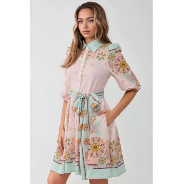 Rochie mini -  imprimeu vibrant - guler camasa - multicolor - textil