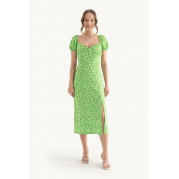 Rochie  cu imprimeu - maneci cu decolteu in forma de si crapatura laterala - verde