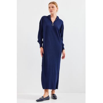 Rochie dama -  guler inalt cu fermoar - tricot - bleumarin -
