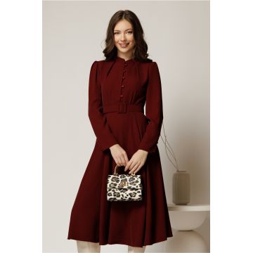Rochie DY Fashion bordo din triplu voal cu nasturi pe bust si curea in talie