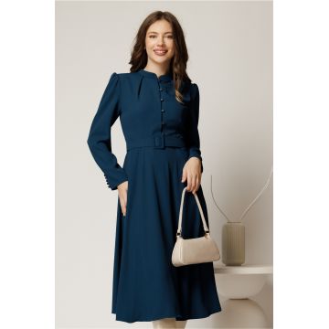 Rochie DY Fashion indiggo din triplu voal cu nasturi pe bust si curea in talie Rochie DY Fashion indiggo din triplu voal cu nasturi pe bust si curea in talie