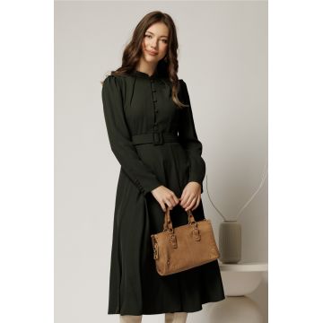 Rochie DY Fashion kaki din triplu voal cu nasturi pe bust si curea in talie