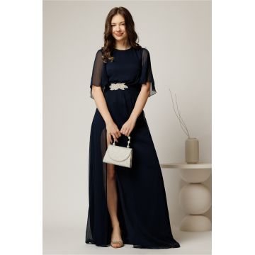 Rochie DY Fashion lunga bleumarin de seara din voal cu aplicatie pe talie Rochie DY Fashion lunga bleumarin de seara din voal cu aplicatie pe talie