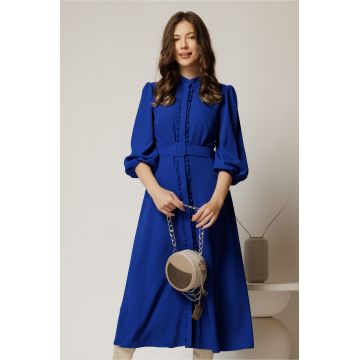 Rochie DY Fashion midi albastra cu maneci bufante si curea in talie