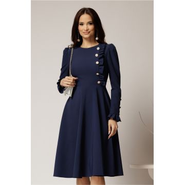 Rochie DY Fashion midi bleumarin cu nasturi si volanase la bust