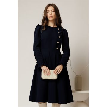 Rochie DY Fashion midi bleumarin cu nasturi si volanase la bust