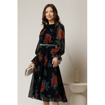 Rochie DY Fashion midi bleumarin din voal cu buline de catifea in clos cu perle in talie